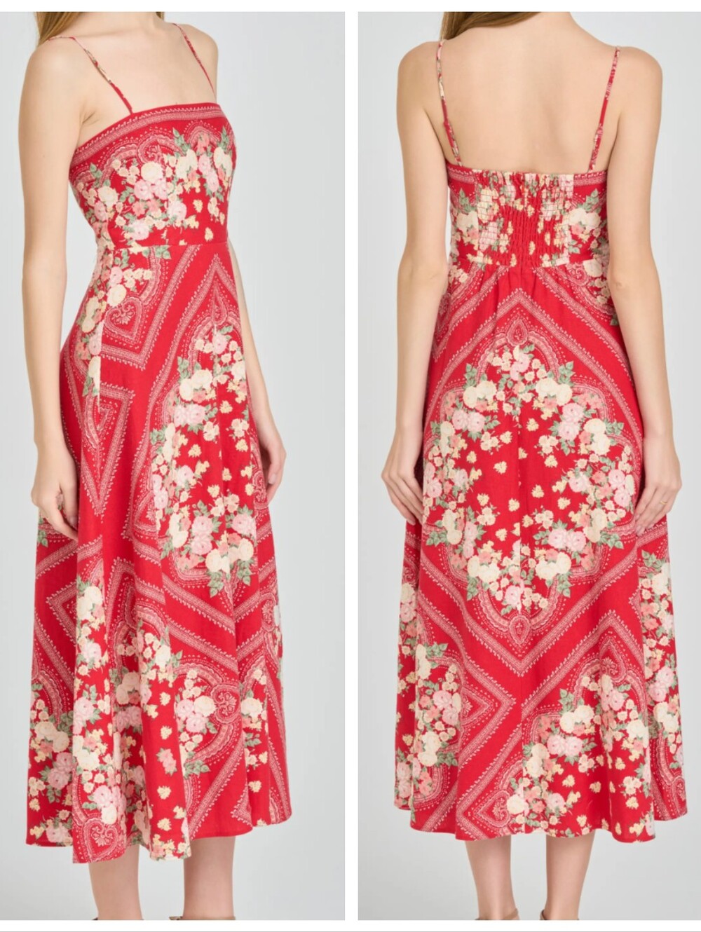 NWT WAYF Red Floral Scarf Print Linen Blend Maxi Dress  Romantic Boho Cottage S